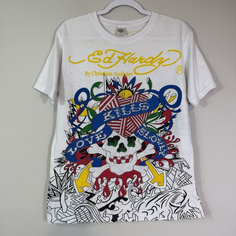 Vtg ED HARDY Christian Audigier Love Kills Rhinestone Graphic Shirt White XXL